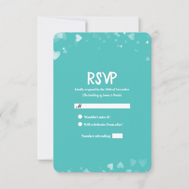 Mariage Turquoise & Coeurs blancs turquoise RSVP (Devant)