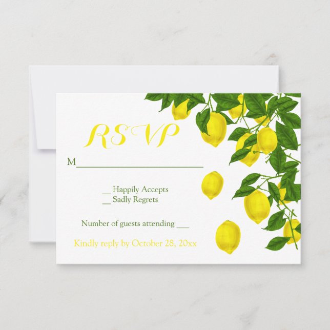 Mariage vert citrons d'aquarelle jaune RSVP (Devant)
