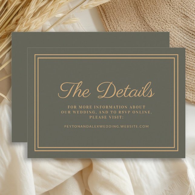 Mariage vert olive Détails Carte de boîtier (Dark olive/sage green and gold wedding details card )
