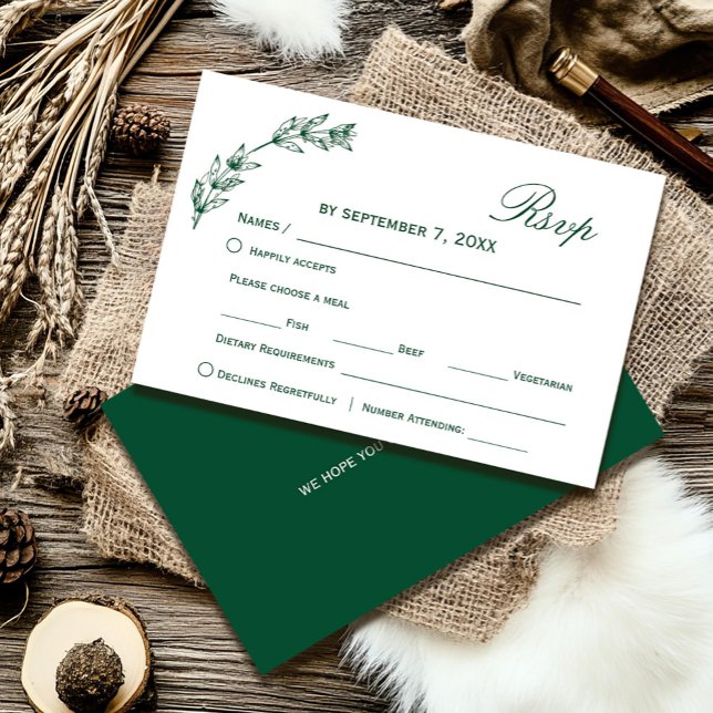Mariage Vert Simple Rsvp Police |Script (Simple Greenery Wedding Rsvp |Script Font #zazzlemade#cristmas #leafwreathrsvpcard #rustic,)