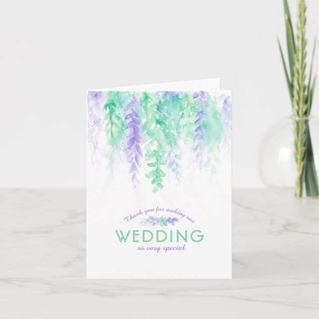 Mariage vert violet fleurs merci carte photo (Devant)