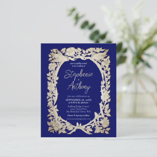 Mariage Vintage Fleur Bleu Budget Bordure Oiseau (Debout devant)