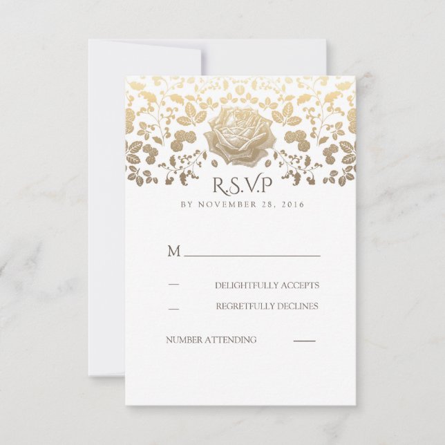Mariage Vintage Floral Blanc et Or RSVP (Devant)