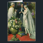 Mariage vintage, Mariée et Salle avec Menorah<br><div class="desc">Illustration vintage image de cérémonie d'amour et de romance mariage montrant un couple se marier dans une belle synagogue avec vitraux,  fleurs et une menorah à sept branches. La mariée porte une longue robe blanche mariage et le marié est beau dans son smoking.</div>