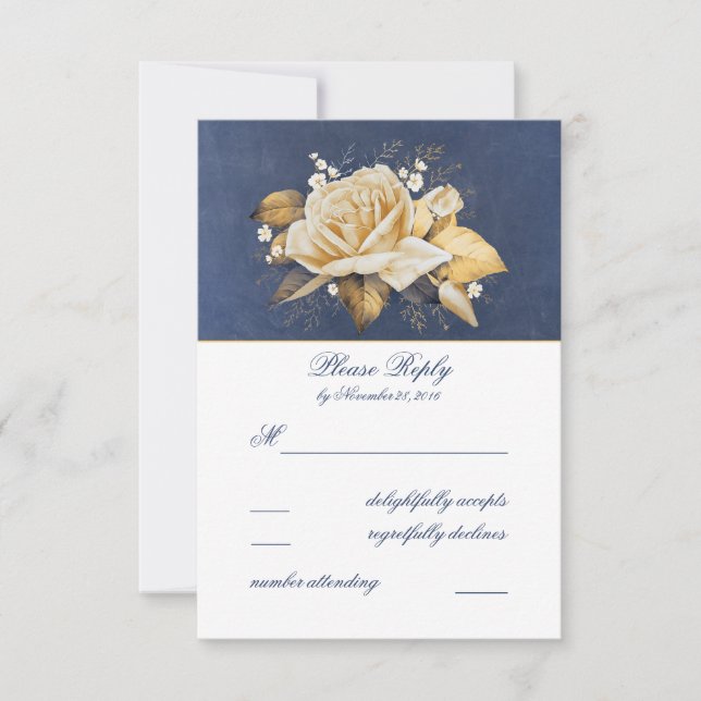 Mariage vintage Marine et Gold Floral RSVP (Devant)
