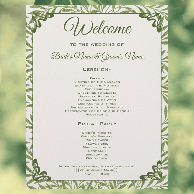 Mariage Vintage, Programme aux feuilles de saule v (Vintage Wedding, Victorian Willow Leaves Pattern by William Morris Wedding Day Program)