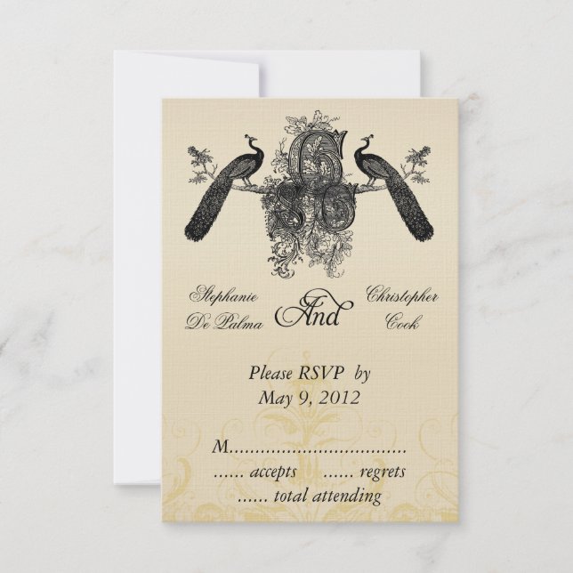 Mariage Vintage Trois Monogramme RSVP avec Paons (Devant)