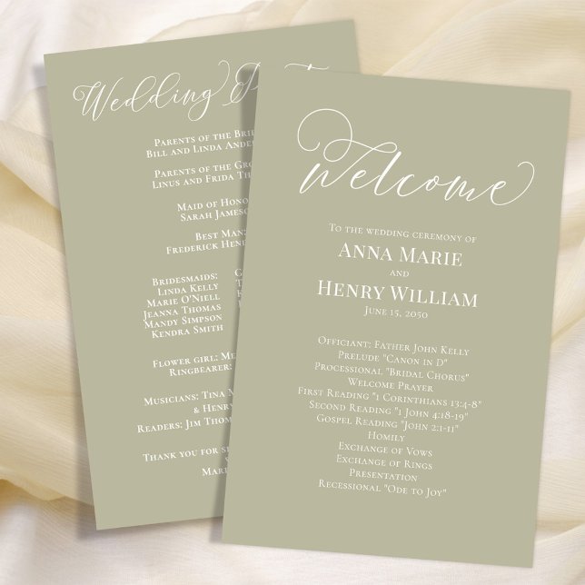 Mariage Welcome Calligraphie Script Sage Green (Welcome wedding program with elegant sage green and calligraphy script. )