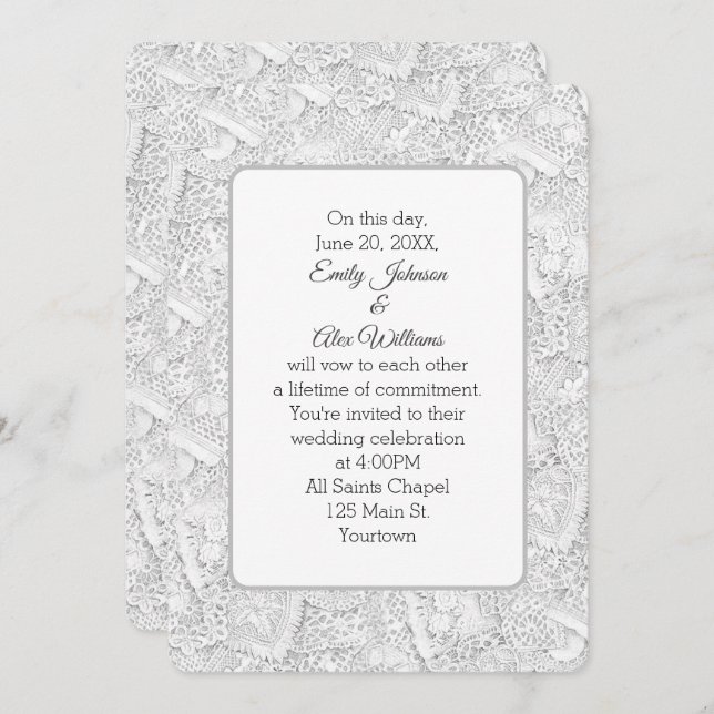 Mariage White Lace Invitation (Devant / Derrière)