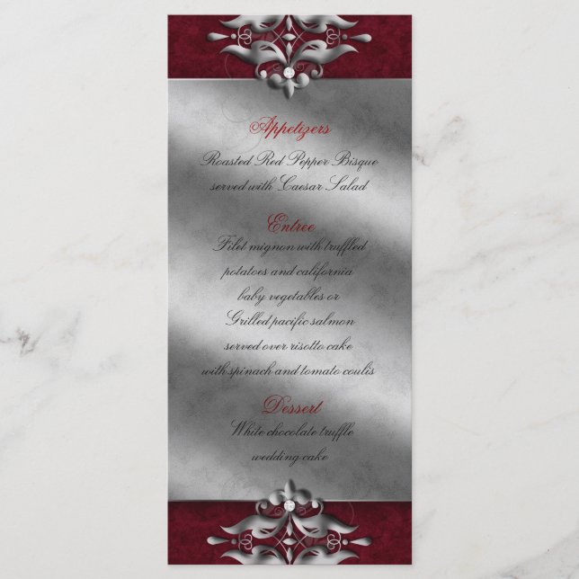 Mariage Xmas Cartes de menu Joyaux Argent Rouge (Devant)