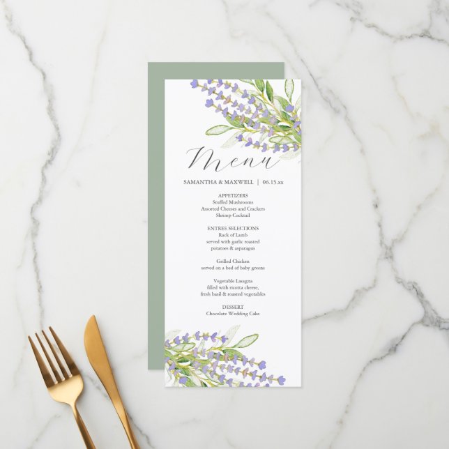 Mariages Menus Aquarelle Lavande fleurs (Devant/Arrière en situation)
