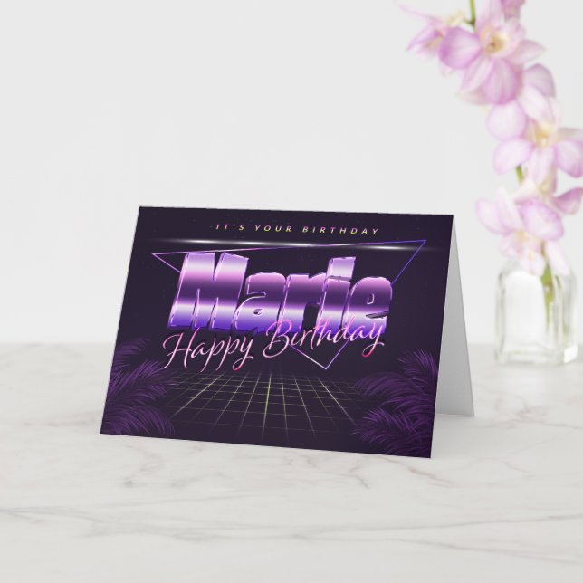 Marie Nom Prénom lila retro Carte Anniversaire (Orchidée)
