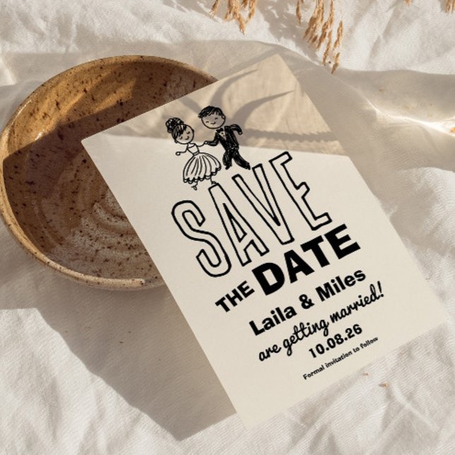 Mariée dessinée à la main et Save The Date de mari (whimsical bride and groom dancing save the date invitation)