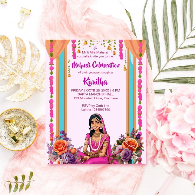 Mariée mariage indienne Mehndi dans une invitation (Mehndi Indian wedding editable template invitation bride in pink cartoon pink lavender flowers )