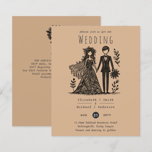 Mariés dessinés à la main Mariée Groom Terracotta  (Devant / Derrière)