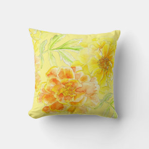 Marigolds aquarelle art fleuri jaune coussin