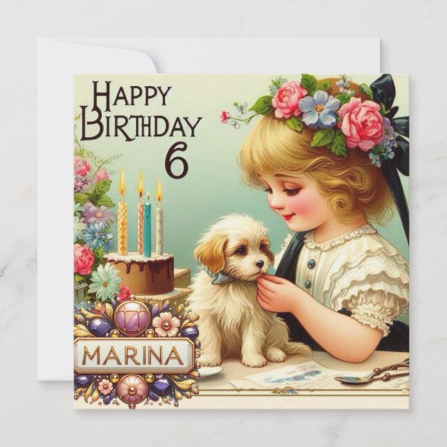 MARINA 6 ANS ~ Carte d'anniversaire ~ Chiot ~ (Devant)