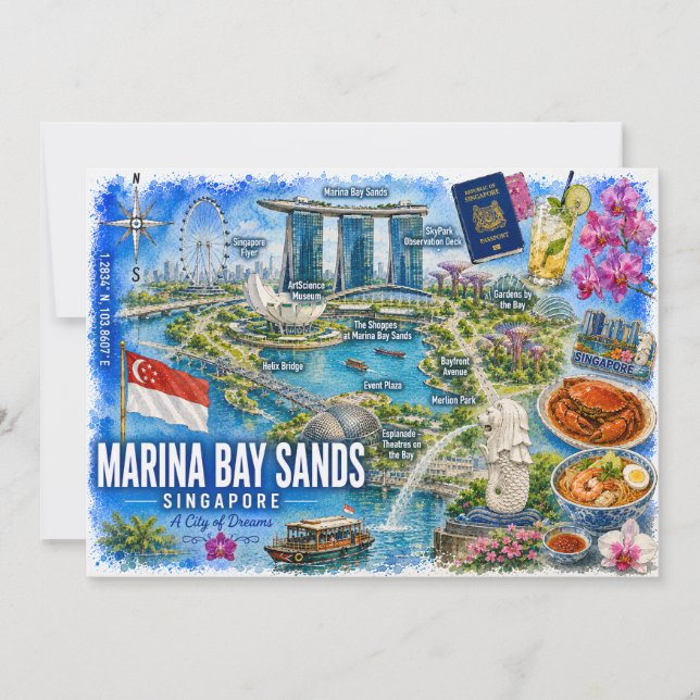 Marina Bay Sands Singapour Carte Postale Aquarelle (Devant)