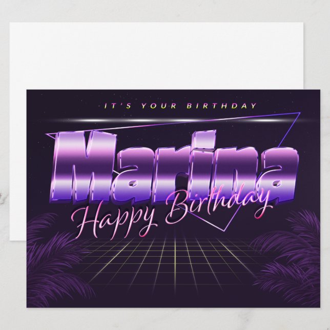Marina prénom nom carte rétro lilas anniversaire (Devant / Derrière)