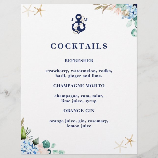 Marine Ancre Monogram Beach Mariage Cocktail Menu (Devant)
