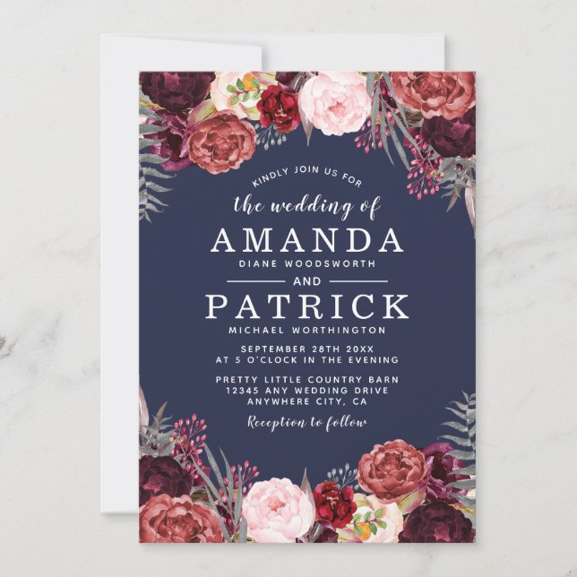 Marine Automne Marsala Blush Peony Invitations de  (Devant)