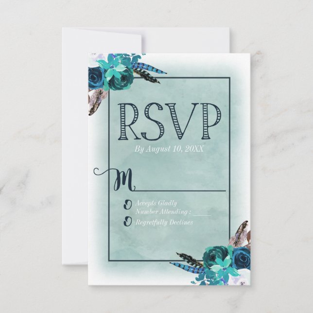 Marine Bleu & Aqua Aquarelle Mariage floral RSVP (Devant)