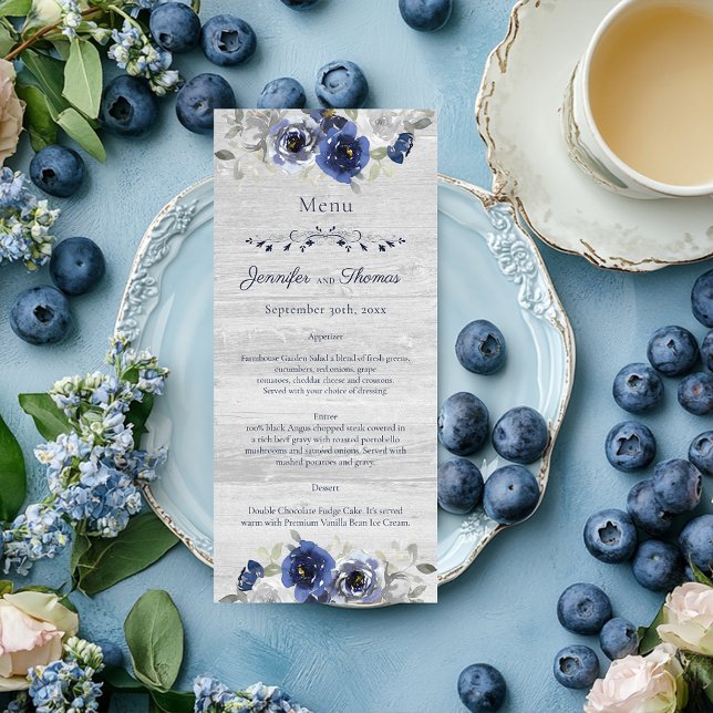 Marine bleu Argent Aquarelle Floral Mariage Menu (Créateur téléchargé)