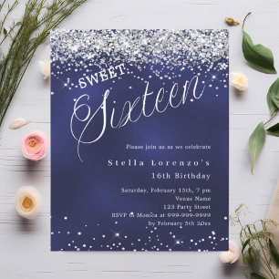 Marine bleu argent script Sweet 16 invitation