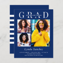 Marine Bleu Blanc 3 Photo Invitations de graduatio