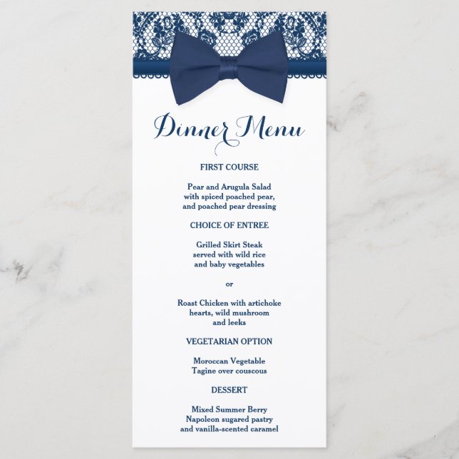Marine Bleu & Blanc Dentelle Bow Menu Slim Dîner (Devant)