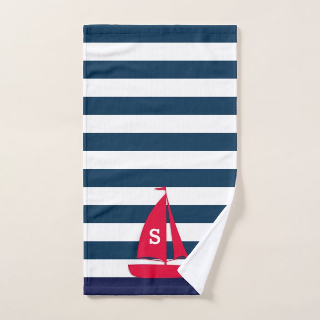Marine Bleu Blanc rayé Monogramme Rouge Bateau Nau (Serviette à main)