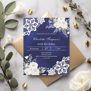 Marine bleu blanc roses dentelle invitation annive