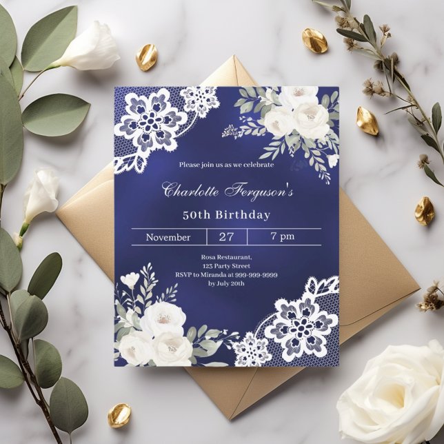 Marine bleu blanc roses dentelle invitation annive (Créateur téléchargé)