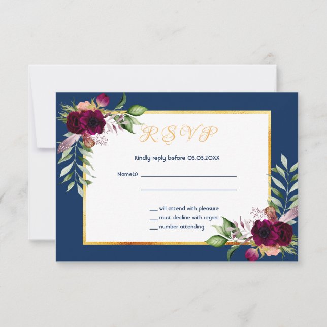 Marine bleu bordeaux bordeaux mariage RSVP carte (Devant)