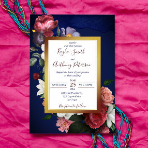 Marine bleu bordeaux rose invitation à mariage flo