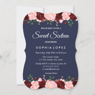 Marine Bleu Bourgogne Floral Sweet 16 Invitation