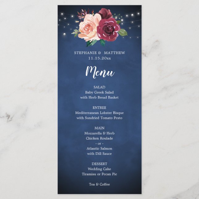 Marine Bleu Bourgogne Rose Lumières Menu Mariage (Devant)