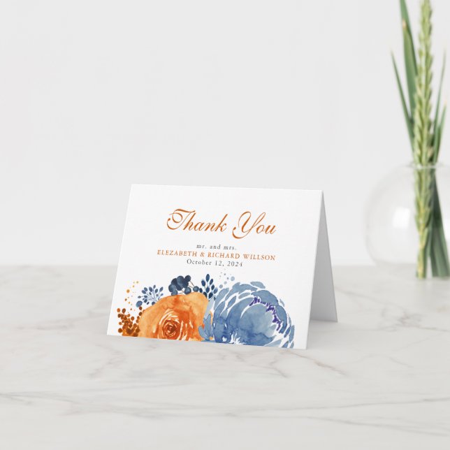 Marine Bleu Brûlé Orange Chute Floral Merci (Devant)