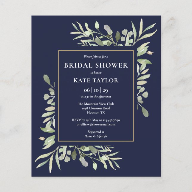 Marine Bleu Budget Vert Bridal Douche Invitation (Devant)