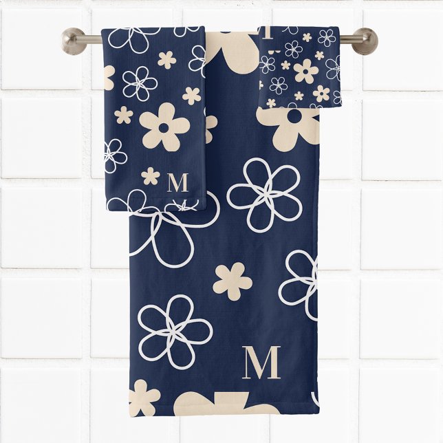 Marine bleu crème fleur motif rétro (Créateur téléchargé)