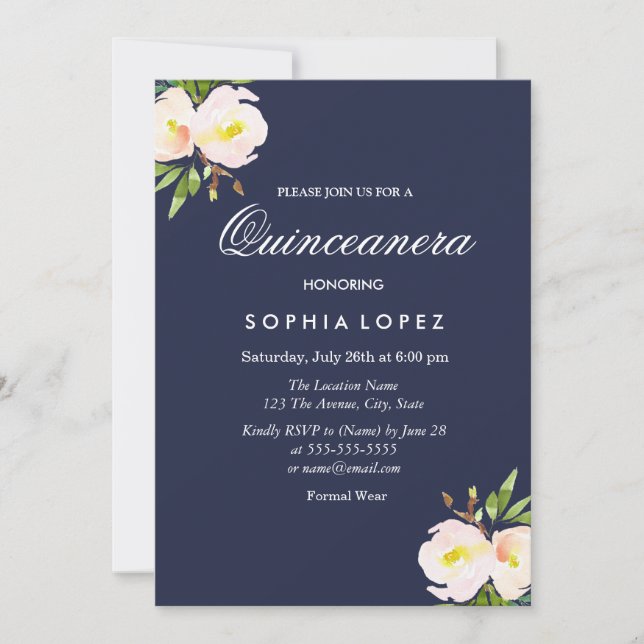 Marine Bleu Élégant Floral Quinceanera Invitation (Devant)