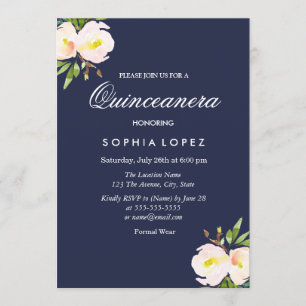 Marine Bleu Élégant Floral Quinceanera Invitation