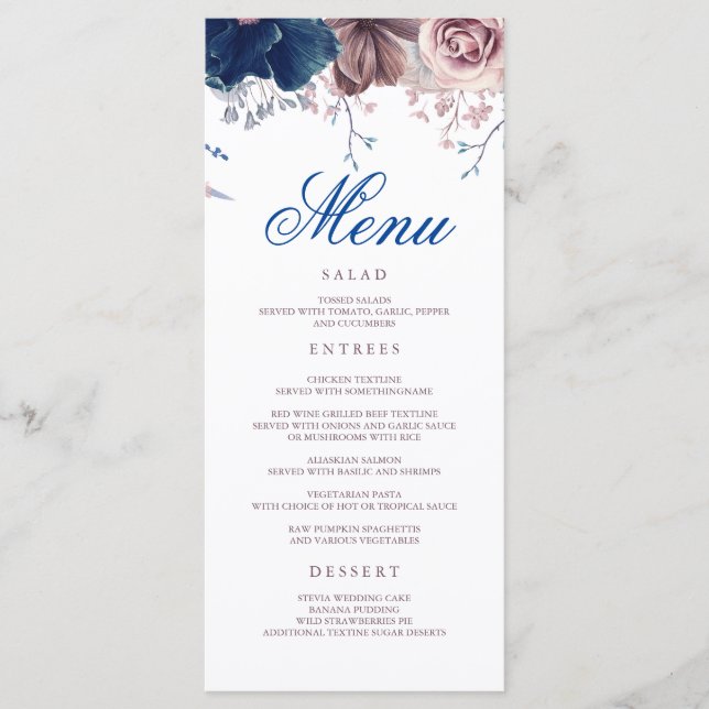Marine bleu et mauve Floral Moderne Mariage Menus (Devant)