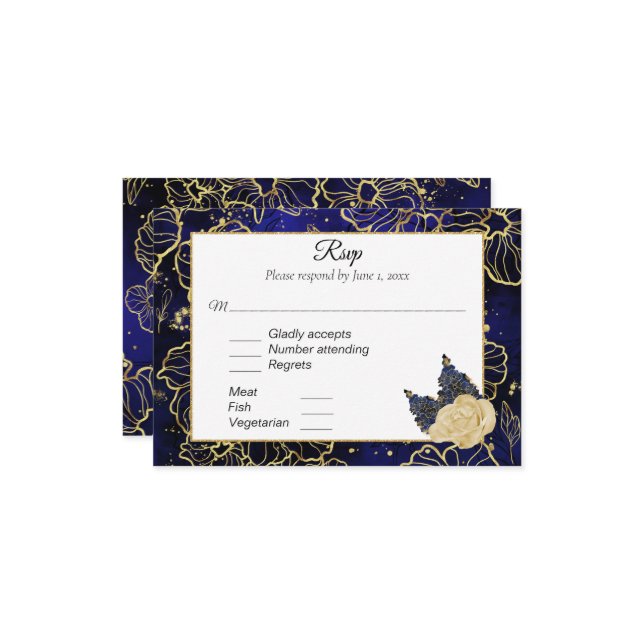 Marine bleu et or Floral RSVP (Devant/Arrière en situation)