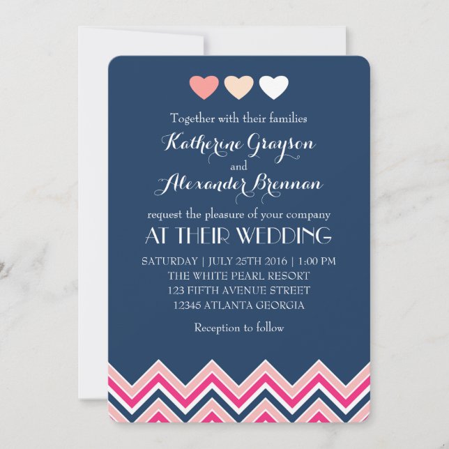 Marine bleu et rose Chevron Faire-part de mariage  (Devant)