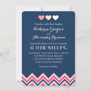 Marine bleu et rose Chevron Faire-part de mariage