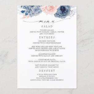 Marine bleu et rose Floral Moderne Menu Mariage