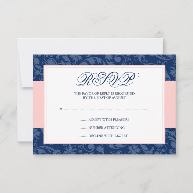 Marine bleu et rose vif Damas Swirl Wedding RSVP (Devant)
