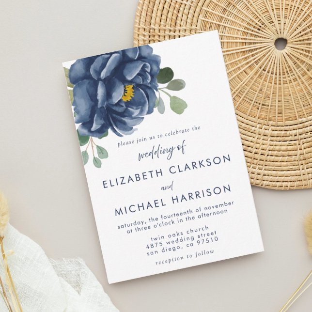 Marine bleu Floral Eucalyptus Faire-part de mariag (Créateur téléchargé)