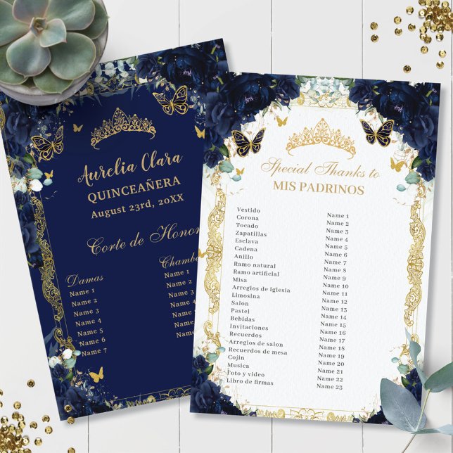 Marine bleu Floral or Quinceañera Padrinos Corte (rich-dark-navy-blue-roses-floral-flowers-gold-butterflies-Quinceañera-mis-padrinos-budget-sheets)